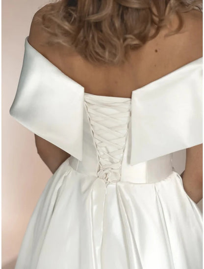 Casual Wedding Dresses A-Line Off Shoulder Short Sleeve Ankle Length Satin Bridal Gowns With Pleats