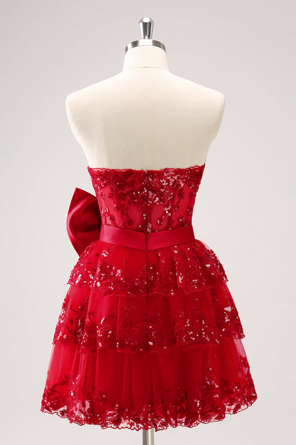 Sparkly Red A Line Sweetheart Corset Tiered Ruffle Homecoming Dress with Bows Off Shoulder