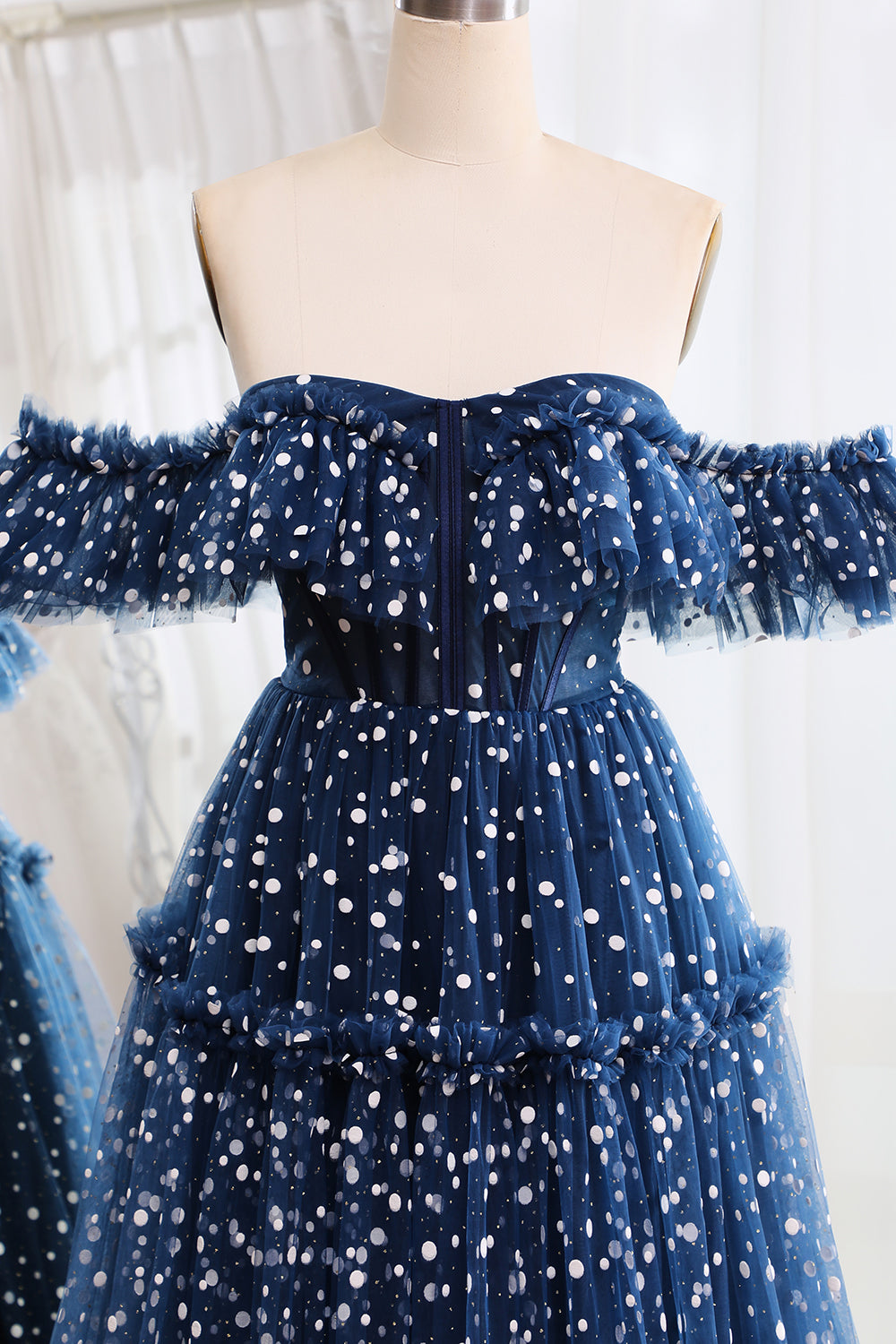 Navy Off The Shoulder Corset Long Tull Prom Dress Floor Length Beautiful