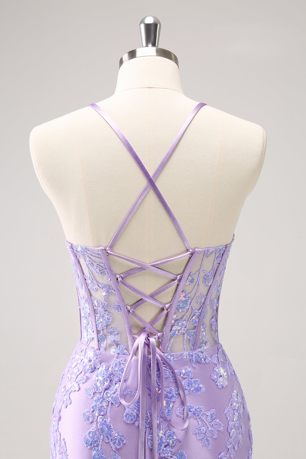 Sparkly Lilac Bodycon Spaghetti Straps Sequin Corset Homecoming Dress with Appliques Beautiful