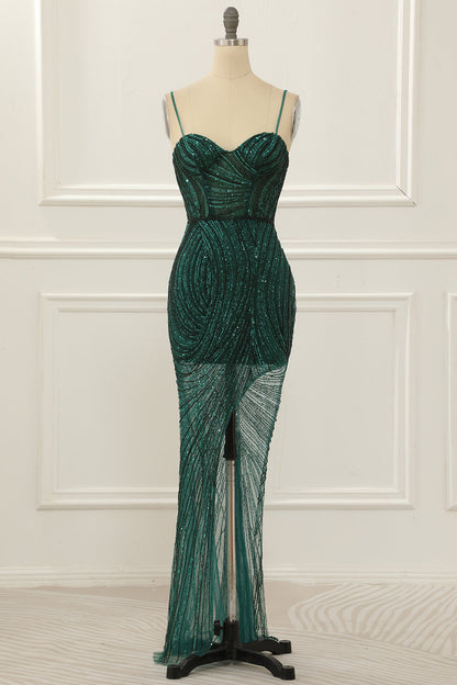 Dark Green Sequin Sparkly Prom Dress With Slit Sexy Evening Dress