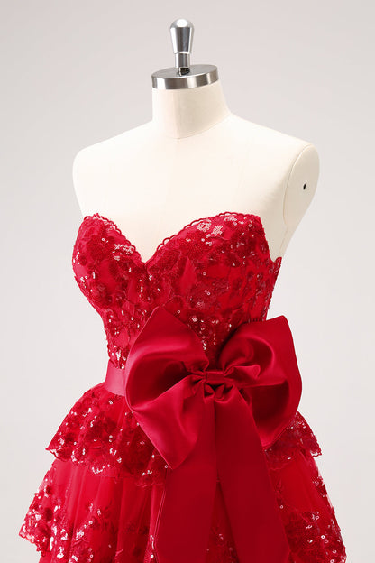 Sparkly Red A Line Sweetheart Corset Tiered Ruffle Homecoming Dress with Bows Off Shoulder