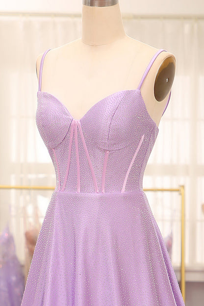 Simple Sparkly Lilac A-Line Side Slit Corset Prom Dresses With Rhinestones Beautiful