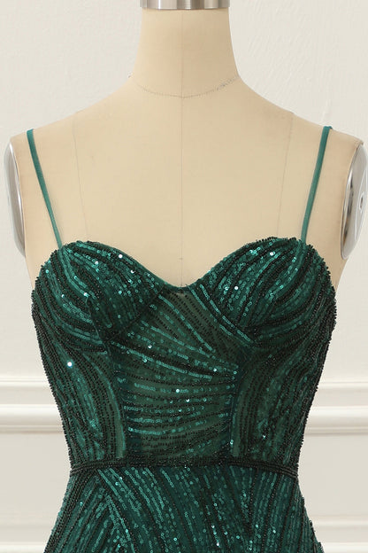 Dark Green Sequin Sparkly Prom Dress With Slit Sexy Evening Dress