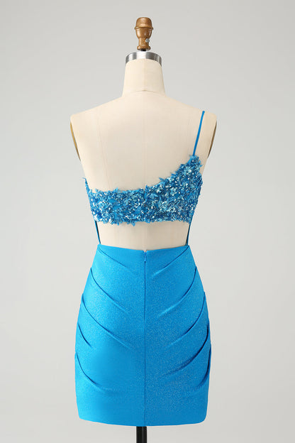 Sparkly Blue Bodycon One Shoulder Pleated Short Homecoming Dress with Sequins Sexy