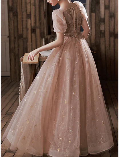 A-Line Prom Dresses Elegant Dress Engagement Prom Floor Length Half Sleeve Square Neck Satin with Appliques Sparkly Evening Dress