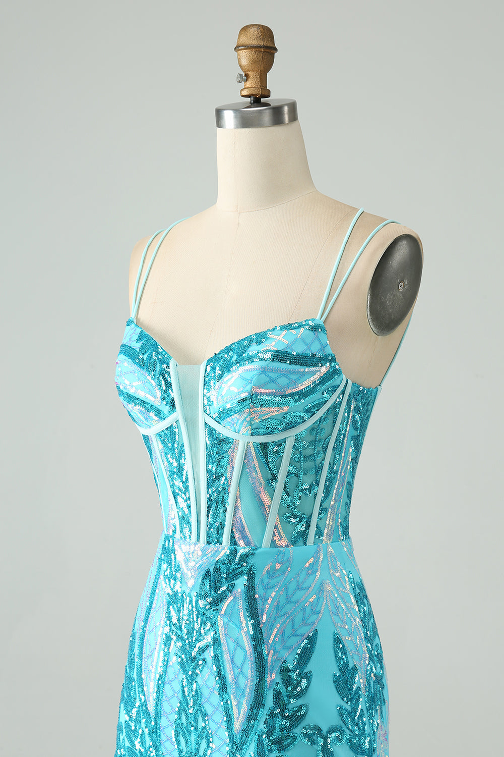 Gorgeous Blue Bodycon Spaghetti Straps Corset Homecoming Dress with Sequins Sparkly