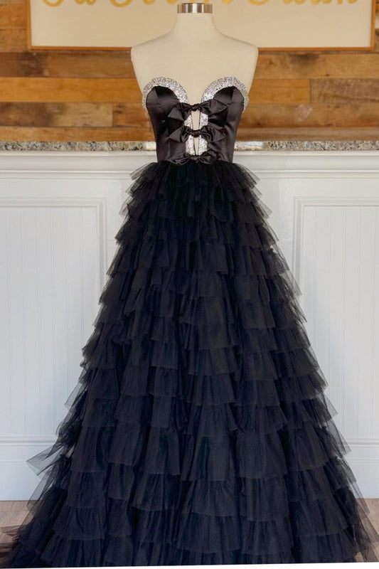 Black Strapless Bow Ruffle Long Prom Dress with Slit Off Shoulder Sexy Evening Dress