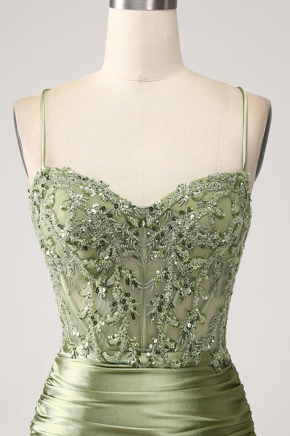 Mermaid Sage Spaghetti Straps Lace-up Back Prom Dress With Slit Sexy Beautiful
