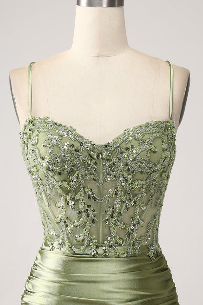 Mermaid Sage Spaghetti Straps Lace-up Back Prom Dress With Slit Sexy Beautiful
