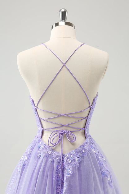 Sparkly Lilac A Line Spaghetti Straps Sequin Short Homecoming Dress with Lace Up Back Beautiful