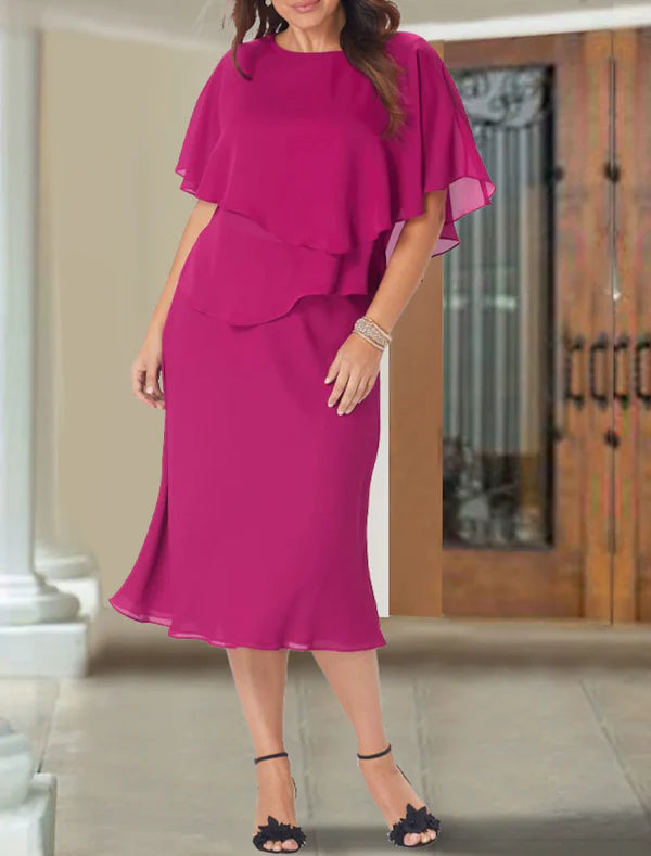 A-Line Mother of the Bride Dress Wedding Guest Elegant Plus Size Jewel Neck Tea Length Chiffon Short Sleeve with Ruffles Solid Color
