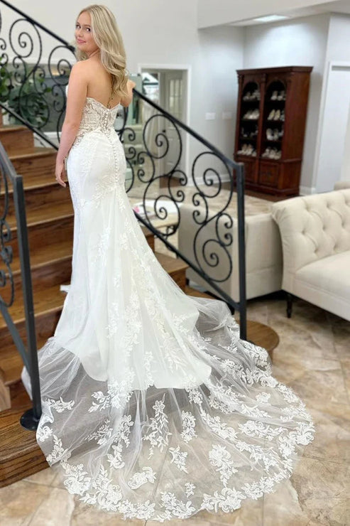 Lace White Strapless Appliques Mermaid Long Wedding Dress Off Shoulder Beautiful