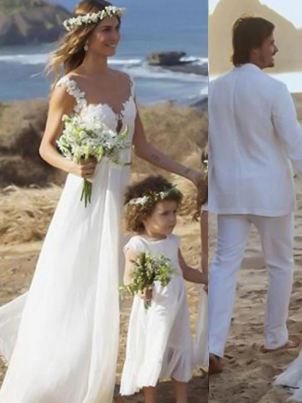 A-Line/Princess Spaghetti Straps Sleeveless Sweep/Brush Train Lace Chiffon Wedding Dresses Open Back