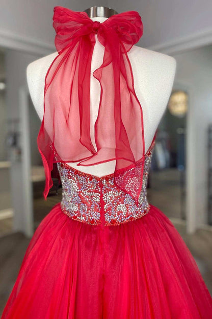 Red Beaded Halter Backless A-Line Long Prom Gown V-neck Prom Dress