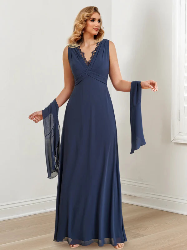 A-line/Princess V-neck to floor length mother of the bride dresses Dark Navy