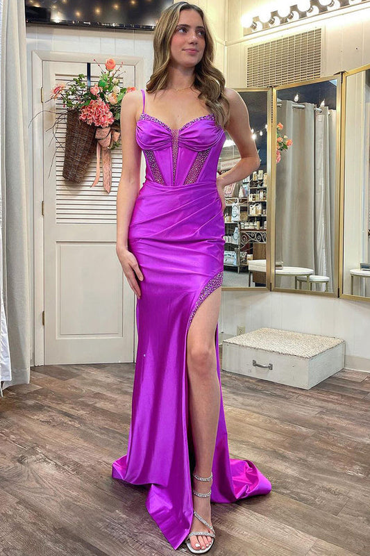 Purple Sweetheart Satin Mermaid Long Prom Dresses with Slit Sexy Evening Dress