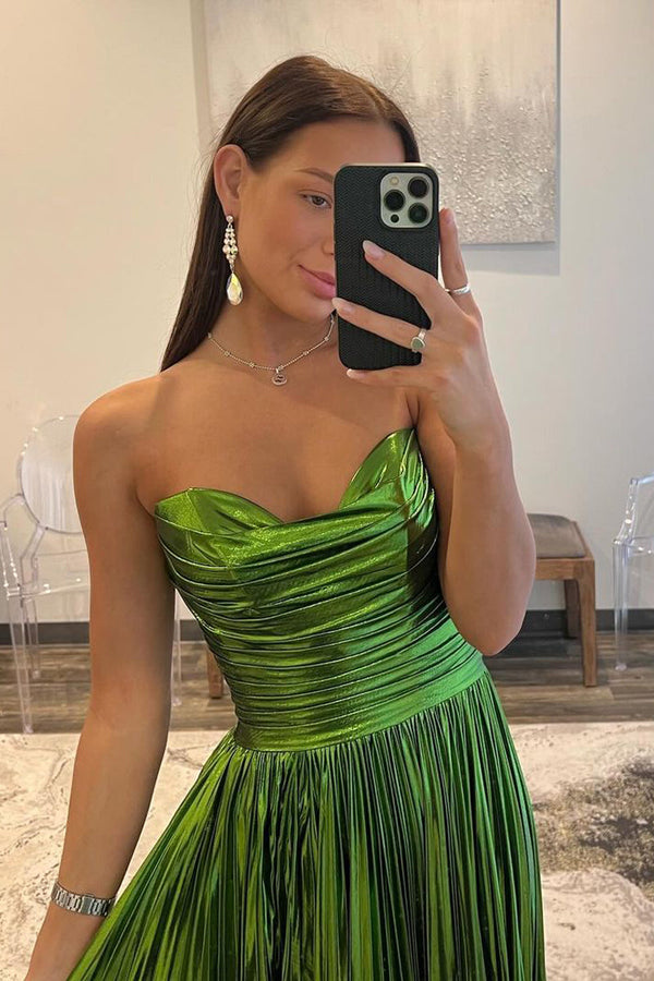 Green Metallic Strapless Pleated A-Line Long Prom Dresses Off Shoulder Sexy Evening Dress