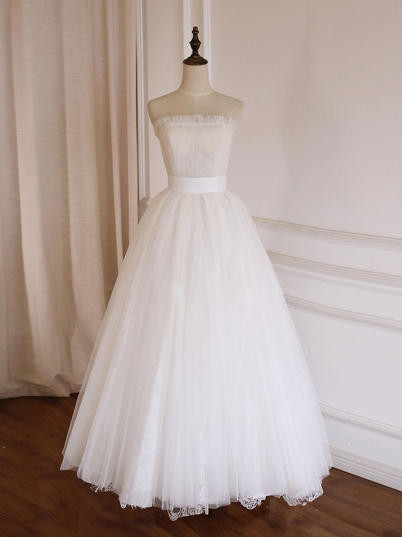 White A-Line Tulle Lace Long Prom Dress Formal Dress Off Shoulder Simple Wedding Dress