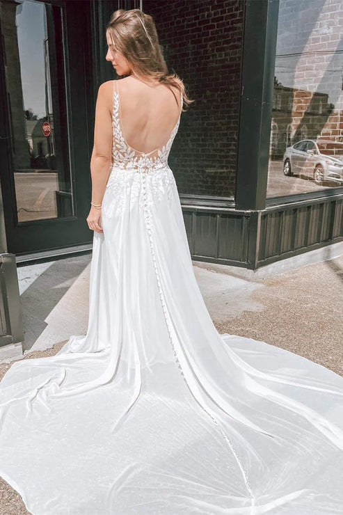 White Appliques Plunge V Open Back Long Wedding Dress Open Back Beautiful