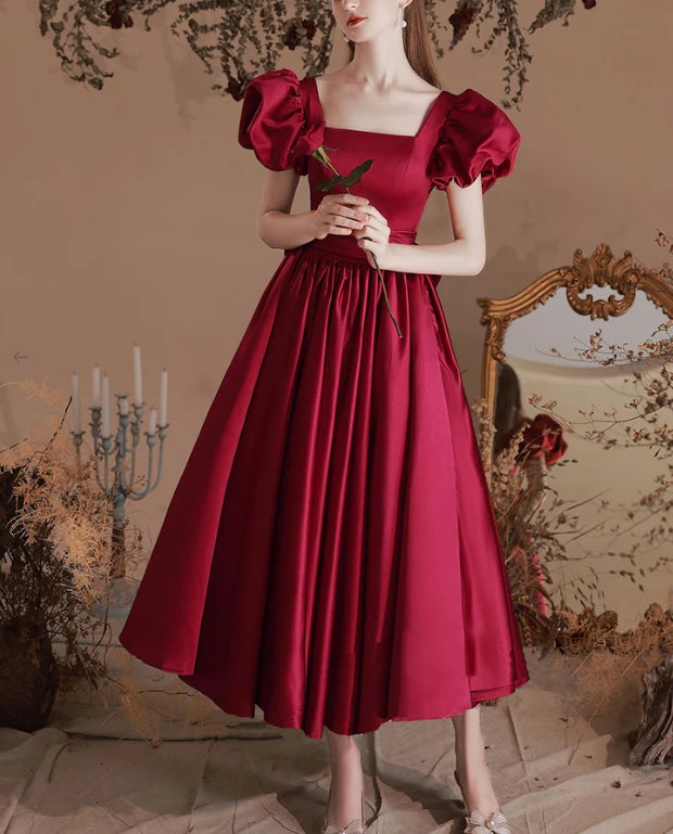 A-Line Satin Tea Length Burgundy Prom Dress Formal Dress Elegant Evening Dress december wedding guest dress