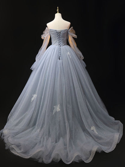 Gray A-Line Tulle Lace Long Prom Dress Shiny Lace Formal Dress Off Shoulder