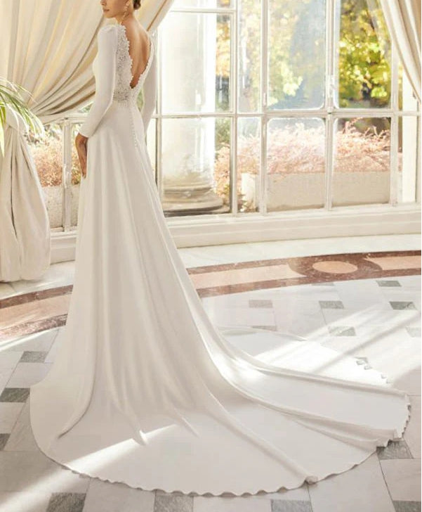 A-Line Scoop Neck Long Sleeves Court Train Elastic Satin Wedding Dresses With Lace Elegant