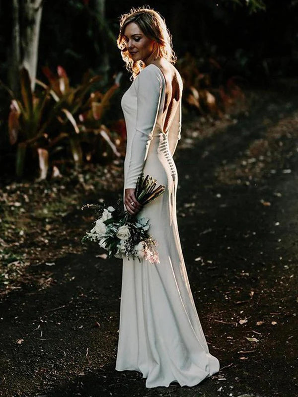 Sheath/Column Jewel Long Sleeves Sweep/Brush Train Ruffles Stretch Crepe Wedding Dresses Open Back