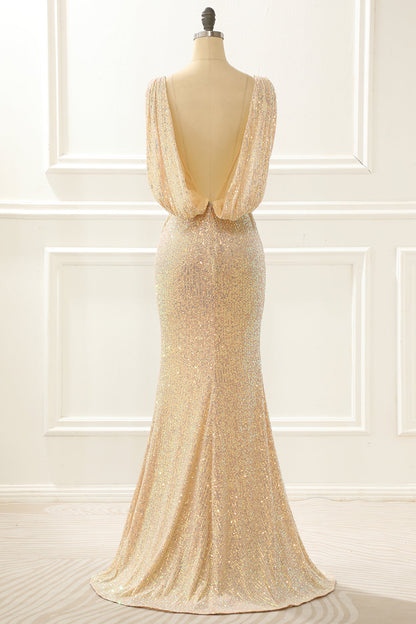Champagne Sequins Long Prom Dress With Slit V-neck Sexy Sparkly
