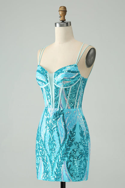 Gorgeous Blue Bodycon Spaghetti Straps Corset Homecoming Dress with Sequins Sparkly