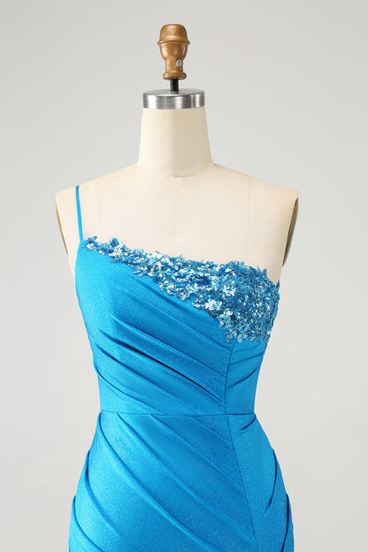 Sparkly Blue Bodycon One Shoulder Pleated Short Homecoming Dress with Sequins Sexy