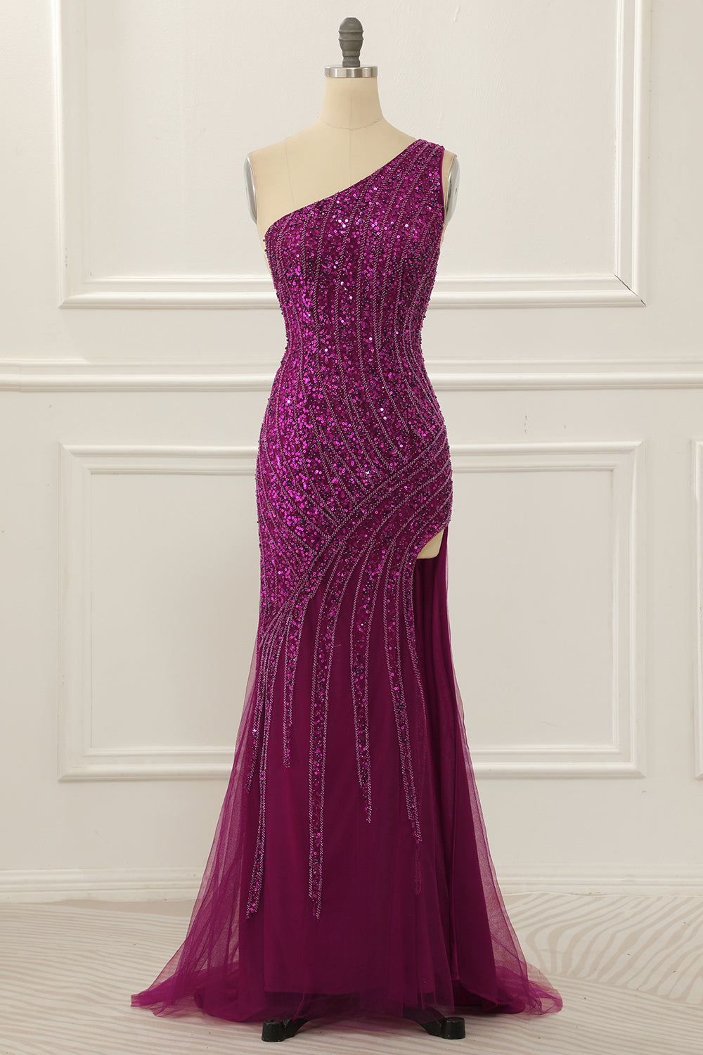 One Shoulder Purple Beaded Prom Dress With Slit Sparkly Evening Dress