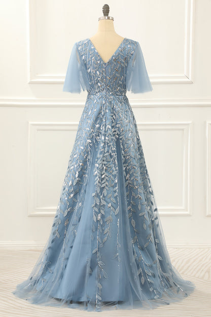 A Line Tulle Prom Dress With Lace Appliques V-neck Floor Length Beautiful