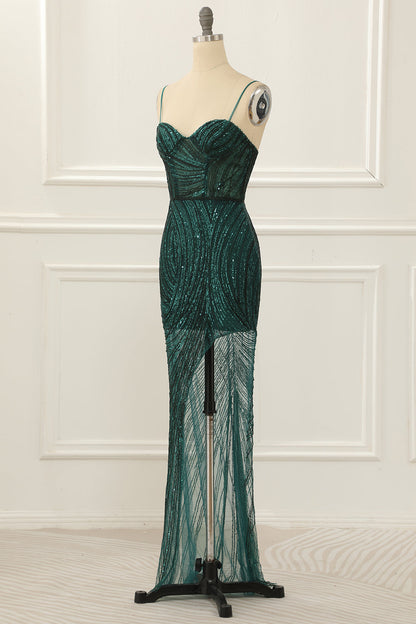 Dark Green Sequin Sparkly Prom Dress With Slit Sexy Evening Dress