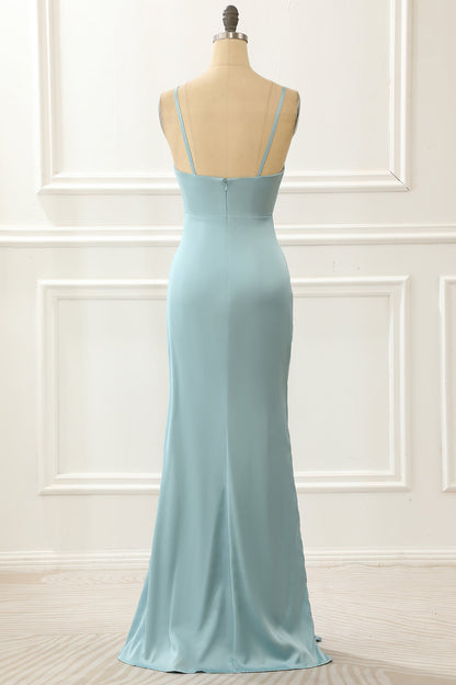 Satin Spaghetti Straps Blue Simple Prom Dress With Slit Party Dress