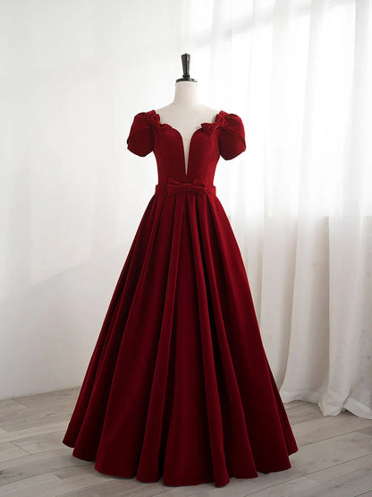 A line velvet burgundy long prom dress bridesmaid dress Elegant Evening Dress With Bow(s)