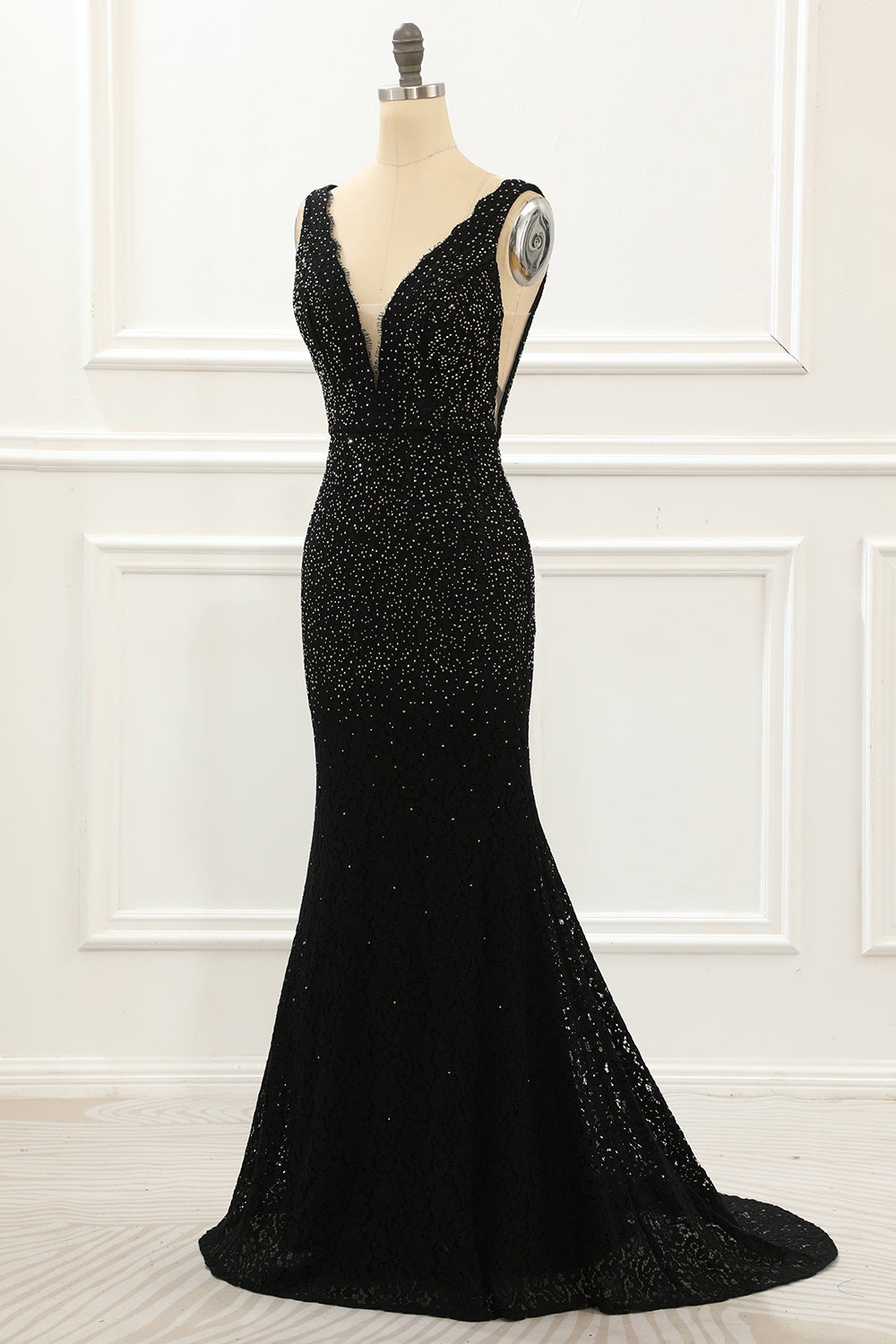 Black Deep V Neck Lace Mermaid Prom Dress With Beading Floor Length Sexy