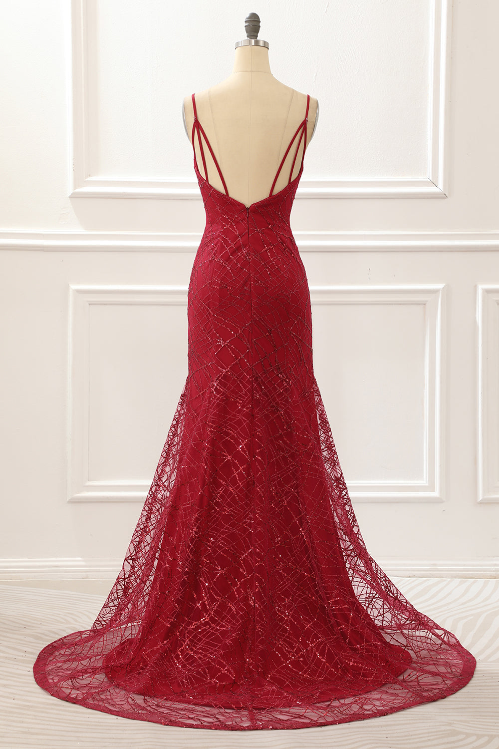 Dark Red Saprkly Mermaid Prom Dress With Slit Sexy Evening Dress