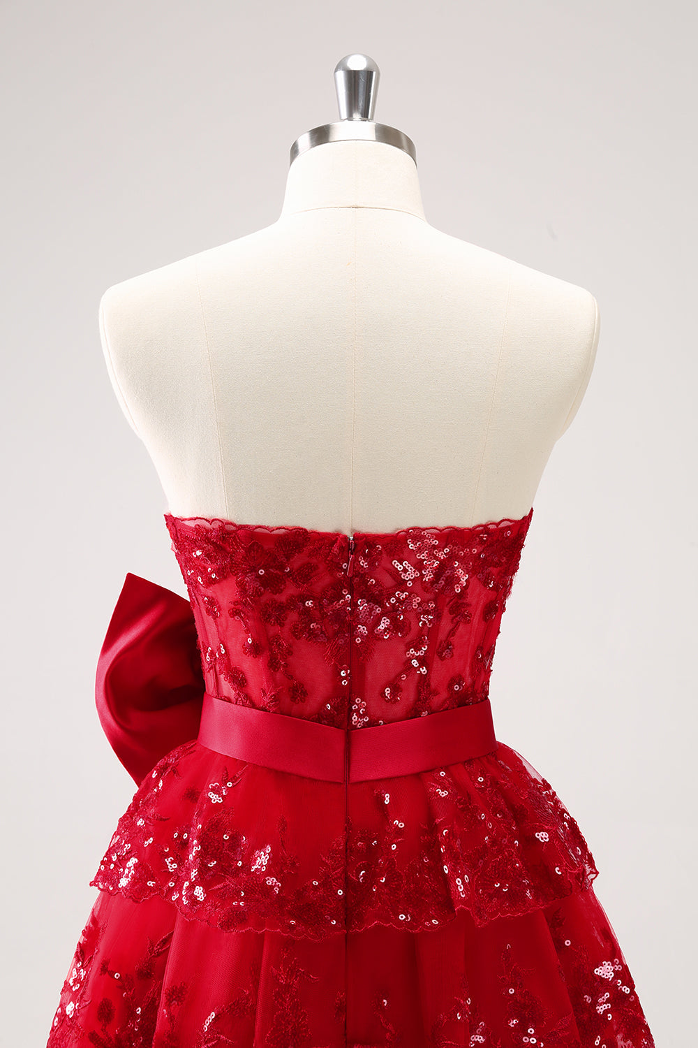 Sparkly Red A Line Sweetheart Corset Tiered Ruffle Homecoming Dress with Bows Off Shoulder