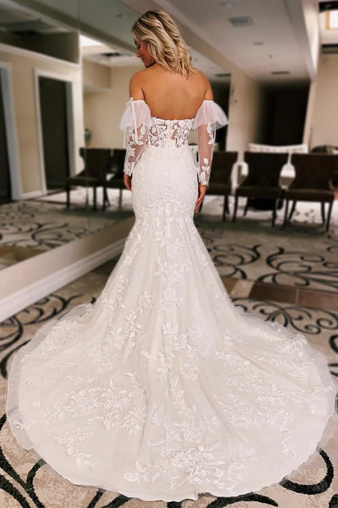 White Floral Lace Sweetheart Mermaid Wedding Dress with Detachable Sleeves Off Shoulder