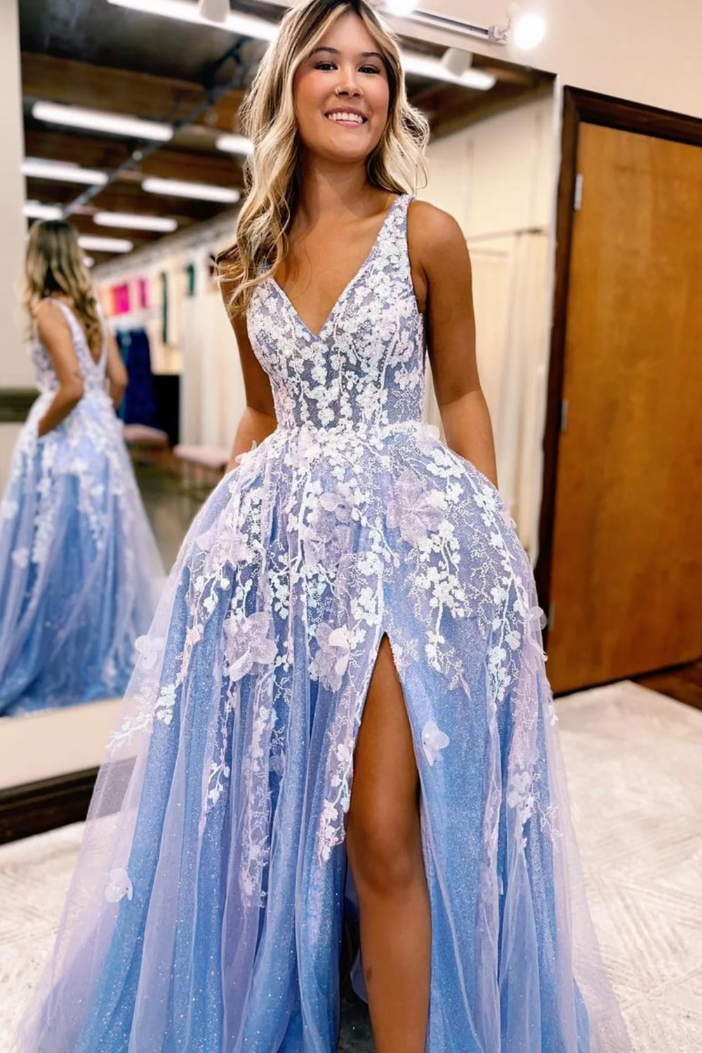 A Line Spaghetti Straps Light Blue Tulle Long Prom Dress With Slit V-neck Beautiful