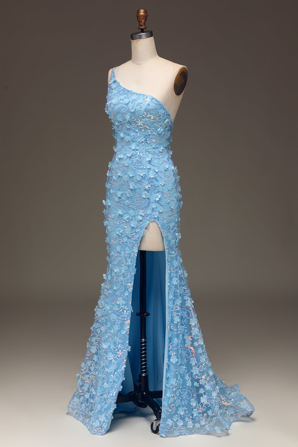Sparkly Light Blue Mermaid Long Appliqued Prom Dress With Slit One Shoulder With Flowers