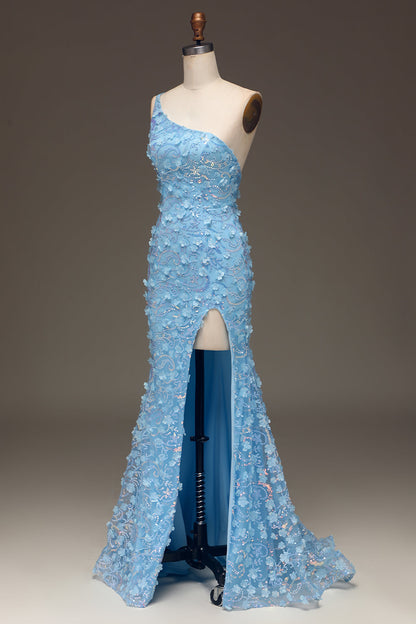 Sparkly Light Blue Mermaid Long Appliqued Prom Dress With Slit One Shoulder With Flowers