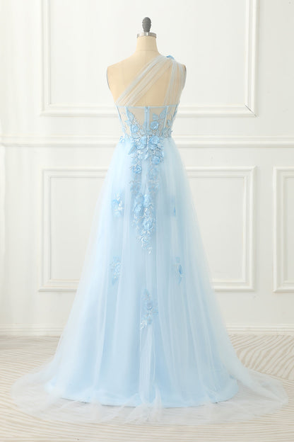 Sky Blue Tulle A-Line One Shoulder Prom Dress With Appliques Beautiful