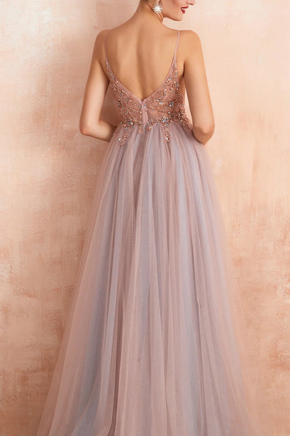 Grey Pink Sheath V-neck Tulle Long Prom Dress With Slit Sexy