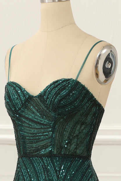 Dark Green Sequin Sparkly Prom Dress With Slit Sexy Evening Dress