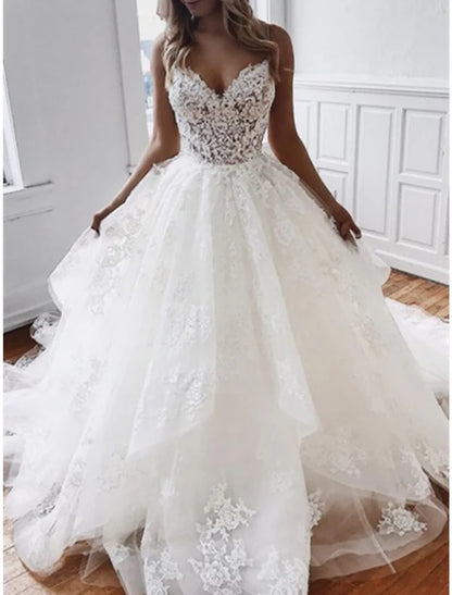 Engagement Formal Wedding Dresses Ball Gown Sweetheart Camisole Spaghetti Strap Chapel Train Lace Bridal Gowns With Appliques Open Back