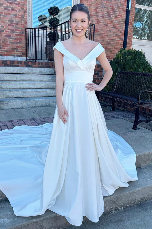 White V-Neck High-Waist A-Line Long Wedding Dress Solid Color Elegant