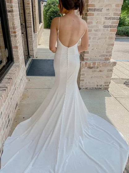 Trumpet/Mermaid Stretch Crepe Lace Spaghetti Straps Sleeveless Court Train Wedding Dresses Sexy