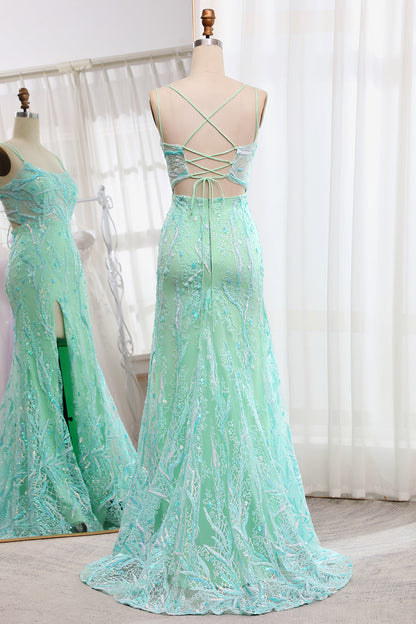 Light Green Mermaid Lace-Up Back Sequins Prom Dress with Slit Beautiful